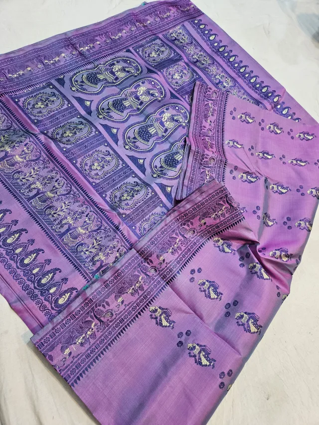 Lavender Pure Bishnupur Silk Baluchari Saree with Meenakari Courtly Figures Border & Durbar Narrative Pallu