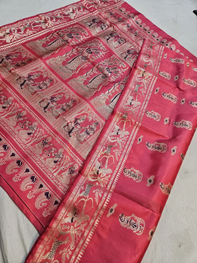 Rani Pink Pure Bishnupur Silk Swarnachari Saree with Meenakari Archer & Courtly Figures Border & Durbar Narrative Pallu