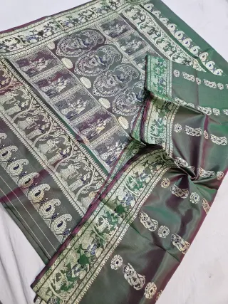 Bottle Green Dhoop Chhaon Pure Bishnupur Silk Swarnachari Saree with Meenakari Courtly Figures Border & Grand Kalka Narrative Pallu