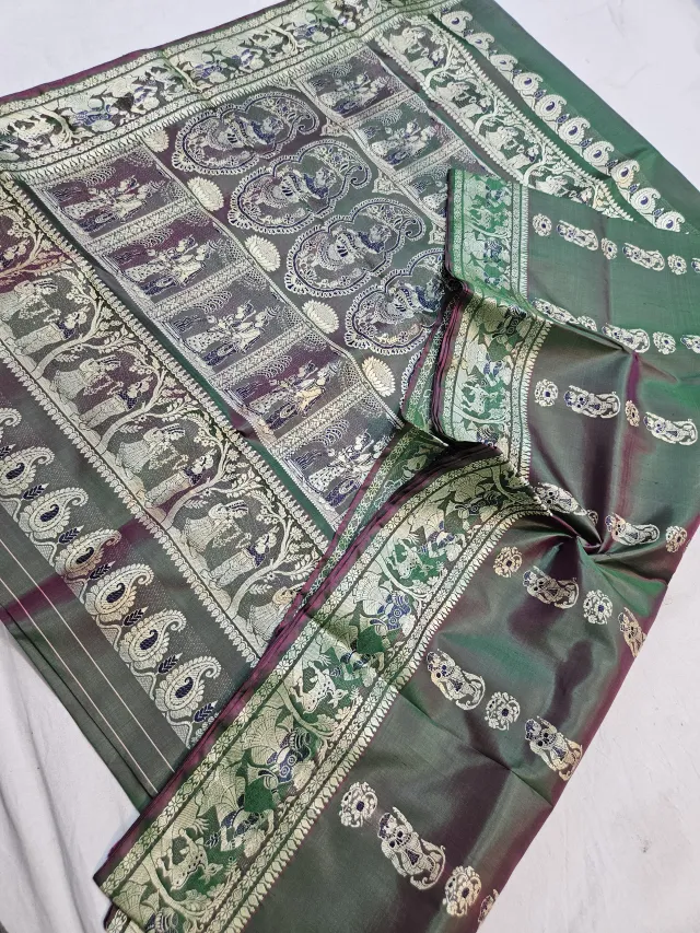 Bottle Green Dhoop Chhaon Pure Bishnupur Silk Swarnachari Saree with Meenakari Courtly Figures Border & Grand Kalka Narrative Pallu