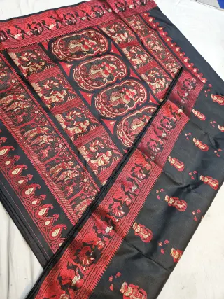 Jet Black Pure Bishnupur Silk Baluchari Saree with Crimson Meenakari Courtly Figures Border & Durbar Narrative Pallu