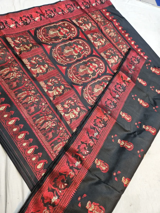 Jet Black Pure Bishnupur Silk Baluchari Saree with Crimson Meenakari Courtly Figures Border & Durbar Narrative Pallu