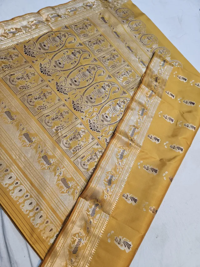 Mustard Yellow Pure Bishnupur Silk Swarnachari Saree with Meenakari Courtly Figures Border & Grand Kalka Narrative Pallu