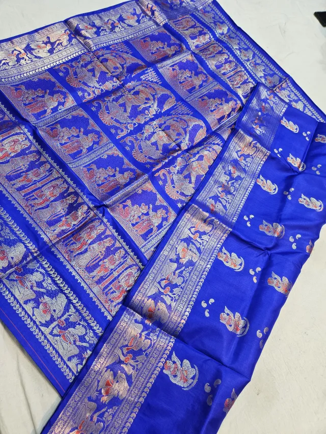 Royal Blue Pure Bishnupur Silk Swarnachari Saree with Woven Gold Zari Courtly Figures Border & Durbar Narrative Pallu