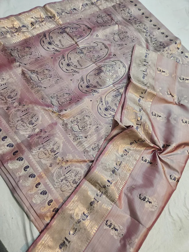 Baby Pink Pure Bishnupur Silk Swarnachari Saree with Woven Gold Zari Courtly Figures Border & Grand Kalka Durbar Pallu