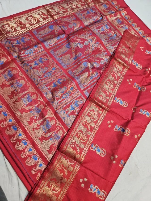 Crimson Red Pure Bishnupur Silk Swarnachari Saree with Turquoise Meenakari Courtly Figures Border & Durbar Narrative Pallu
