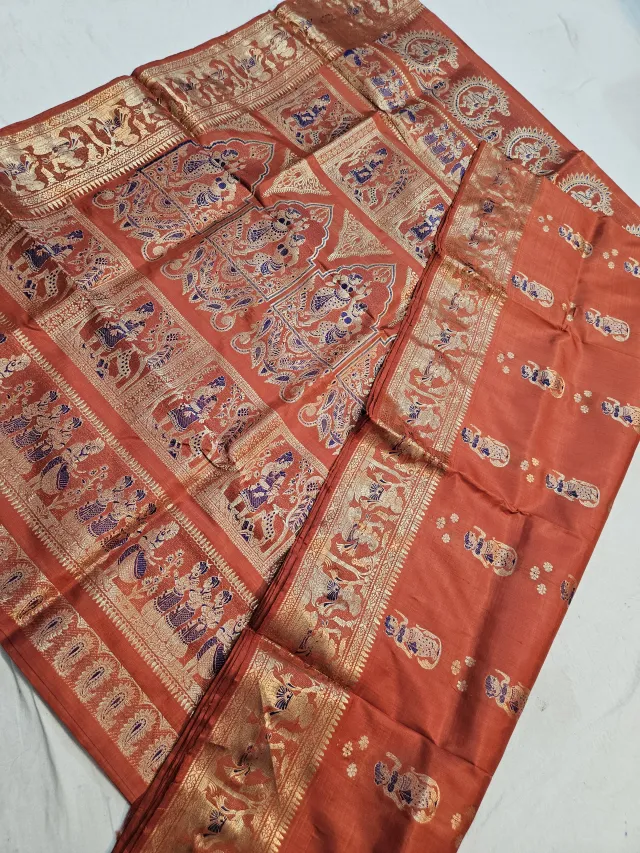 Rust Orange Pure Bishnupur Silk Swarnachari Saree with Meenakari Courtly Figures Border & Durbar Narrative Pallu