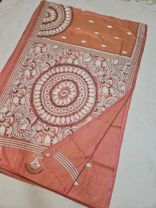 Peach Terracotta Blended Bangalore Silk Kantha Stitch Saree with Mandala Lotus Medallion & Peacock Floral Jaal Pallu