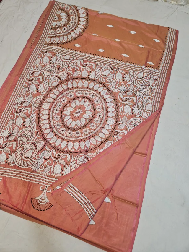 Peach Terracotta Blended Bangalore Silk Kantha Stitch Saree with Mandala Lotus Medallion & Peacock Floral Jaal Pallu