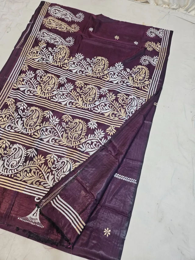 Deep Wine Purple Blended Bangalore Silk Kantha Stitch Saree with Paisley Kalka & Foliate Vine Jaal Pallu