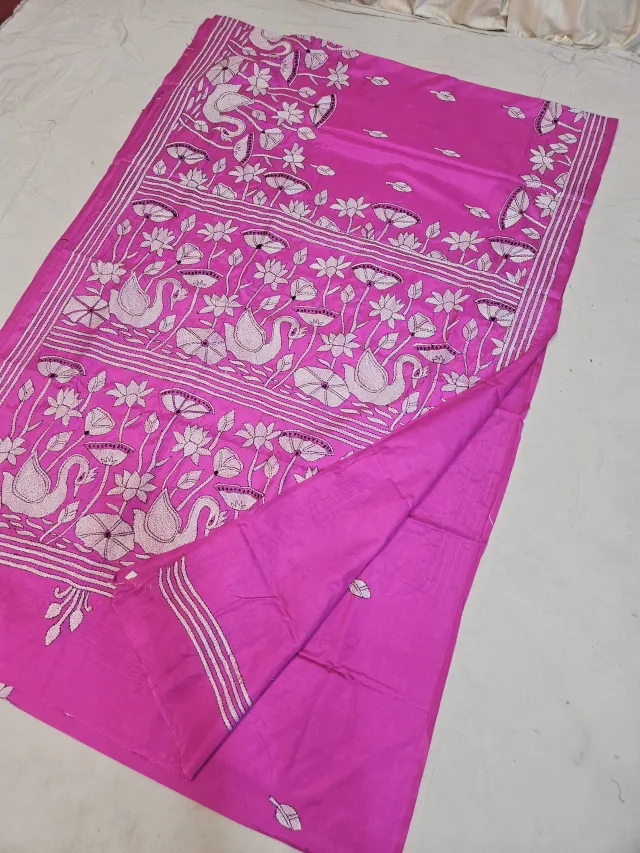 Rani Pink Blended Bangalore Silk Kantha Stitch Saree with Lotus Pond & Swan Narrative Pallu