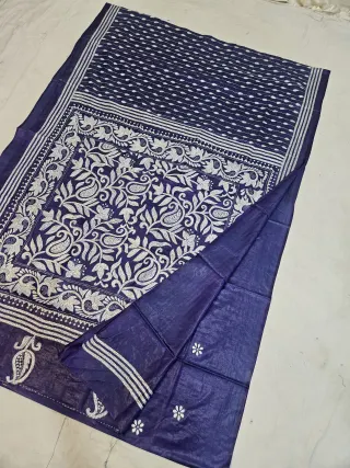 Indigo Navy Blue Blended Bangalore Silk Kantha Stitch Saree with Paisley Kalka & Floral Jaal Pallu