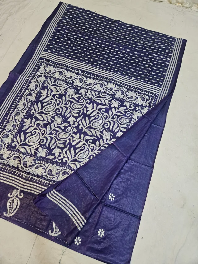 Indigo Navy Blue Blended Bangalore Silk Kantha Stitch Saree with Paisley Kalka & Floral Jaal Pallu