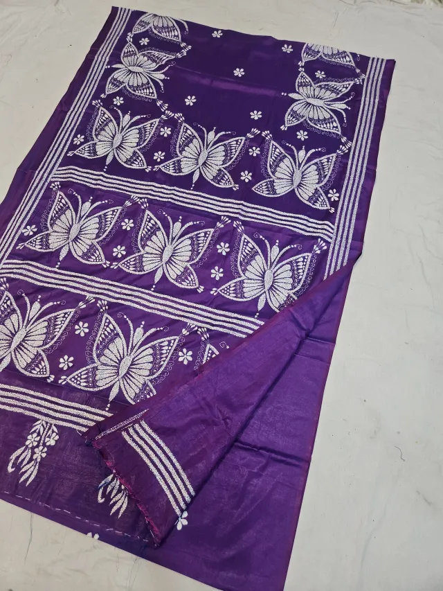 Royal Purple Blended Bangalore Silk Kantha Stitch Saree with Butterfly Motifs & Multi-Tiered Pallu