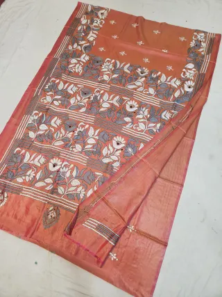 Peach Terracotta Blended Bangalore Silk Kantha Stitch Saree with Blooming Floral Vines & Multi-Tiered Jaal Pallu
