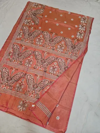 Peach Terracotta Blended Bangalore Silk Kantha Stitch Saree with Butterfly Motifs & Multi-Tiered Pallu
