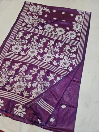 Royal Purple Blended Bangalore Silk Kantha Stitch Saree with Blooming Floral Vines & Daisy Medallion Pallu