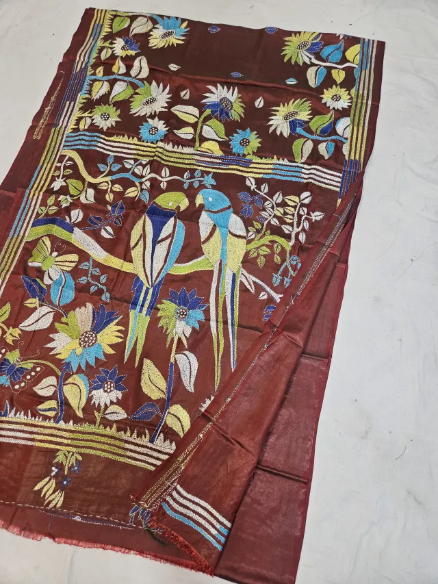 Chocolate Brown Blended Bangalore Silk Kantha Stitch Saree with Pair of Perched Birds & Multicolored Sunflower Pallu