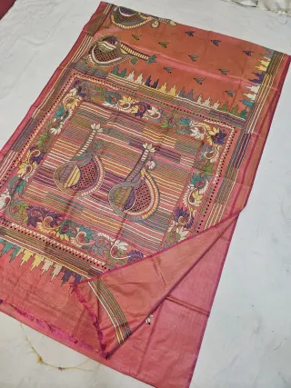 Peach Terracotta Blended Bangalore Silk Kantha Stitch Saree with Veena Musical Instruments & Temple Taj Border