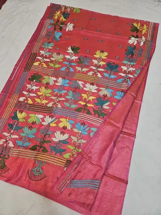 Rani Pink Blended Bangalore Silk Kantha Stitch Saree with Multicolored Blooming Lotus Plants & Multi-Tiered Pallu