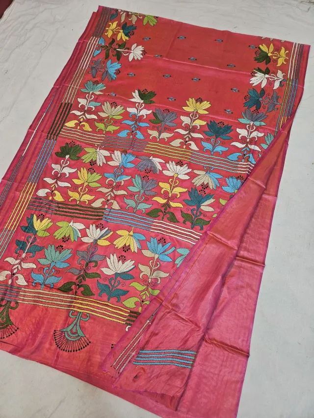 Rani Pink Blended Bangalore Silk Kantha Stitch Saree with Multicolored Blooming Lotus Plants & Multi-Tiered Pallu