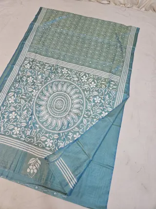 Sea Green Blended Bangalore Silk Kantha Stitch Saree with Mandala Kalka Medallion & Floral Jaal Pallu