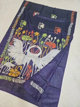 Midnight Navy Blue Blended Bangalore Silk Kantha Stitch Saree with Dancing Cranes & Multicolored Lotus Pond Pallu