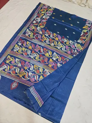 Royal Blue Blended Bangalore Silk Kantha Stitch Saree with Multicolored Floral Foliage & Multi-Tiered Pallu