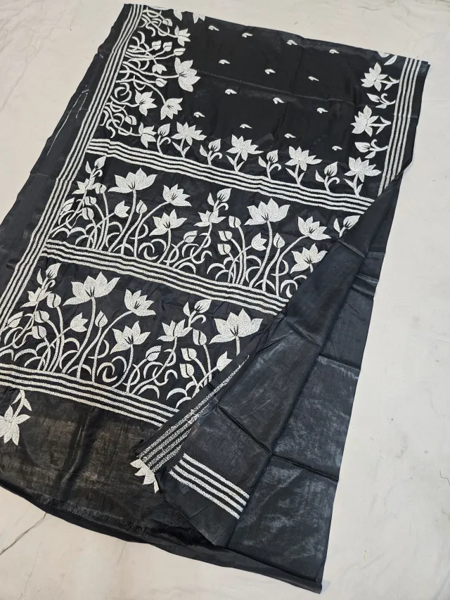 Jet Black Blended Bangalore Silk Kantha Stitch Saree with Blooming Lotus Plants & Multi-Tiered Pallu