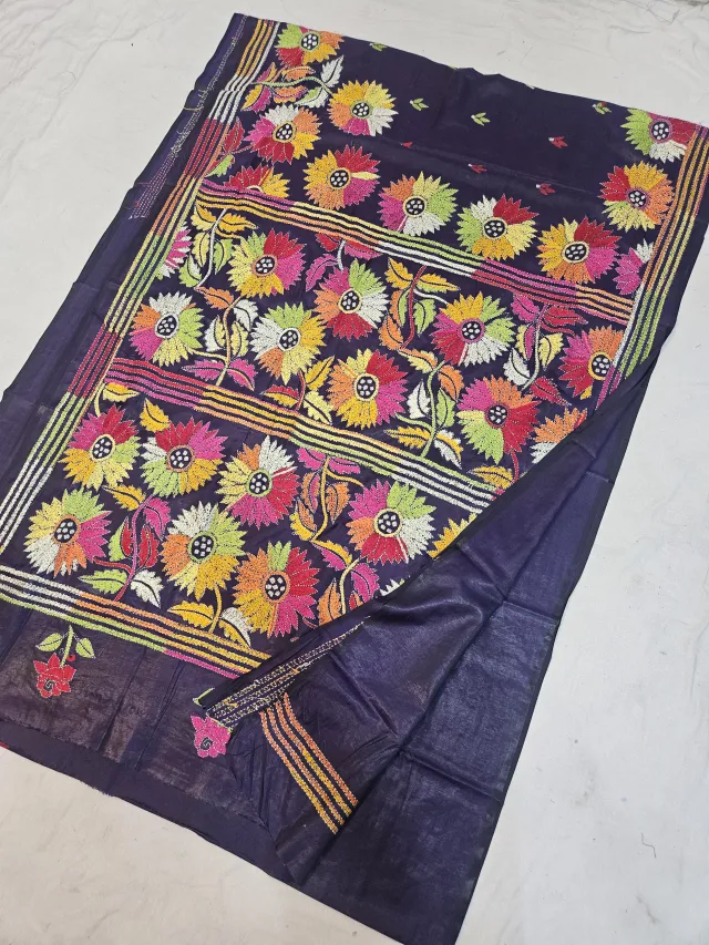 Midnight Navy Blue Blended Bangalore Silk Kantha Stitch Saree with Multicolored Sunflower Registers & Multi-Tiered Pallu
