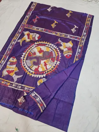 Royal Purple Blended Bangalore Silk Kantha Stitch Saree with Auspicious Fish Mandala & Corner Motifs