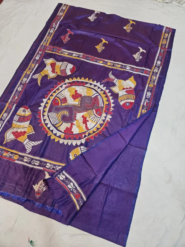 Royal Purple Blended Bangalore Silk Kantha Stitch Saree with Auspicious Fish Mandala & Corner Motifs