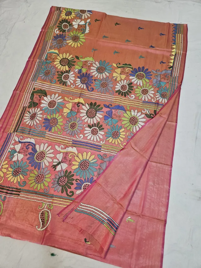 Peach Terracotta Blended Bangalore Silk Kantha Stitch Saree with Multicolored Sunflower Registers & Butterfly Pallu