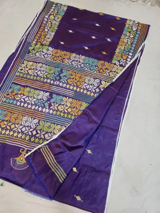 Royal Purple Blended Bangalore Silk Kantha Stitch Saree with Multicolored Floral Lattice & Geometric Pallu