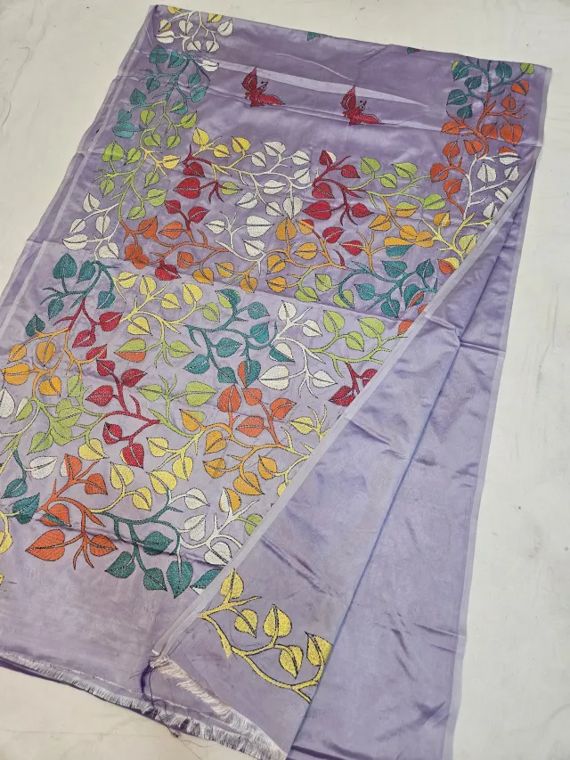 Pastel Lavender Blended Bangalore Silk Kantha Stitch Saree with Multicolored Foliage Vines & Butterfly Pallu