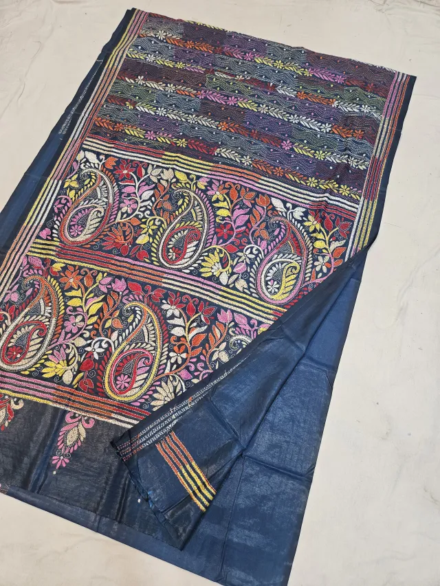 Midnight Navy Blue Blended Bangalore Silk Kantha Stitch Saree with Multicolored Kalka Paisleys & Floral Jaal Pallu