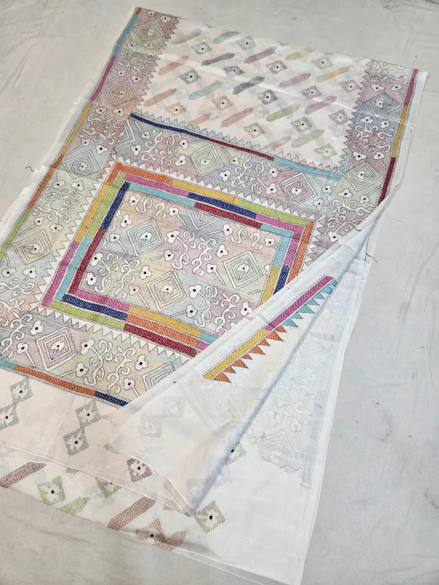 Off-White Blended Bangalore Silk Kantha Stitch Saree with Geometric Diamond Frames & Temple Saw-Tooth Pallu