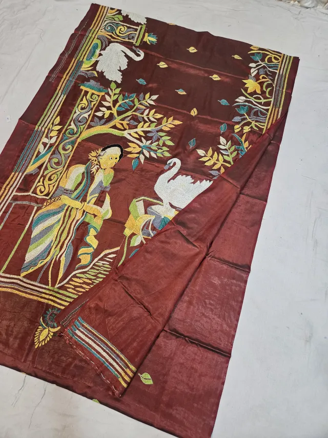 Mahogany Brown Blended Bangalore Silk Kantha Stitch Saree with Maiden, Swans & Architectural Tree Narrative Pallu
