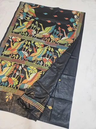 Jet Black Blended Bangalore Silk Kantha Stitch Saree with Multicolored Flying Cranes & Lotus Pond Multi-Tiered Pallu