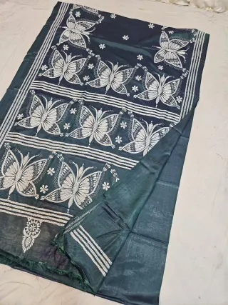 Teal Green Blended Bangalore Silk Kantha Stitch Saree with Fluttering Butterflies & Multi-Tiered Pallu