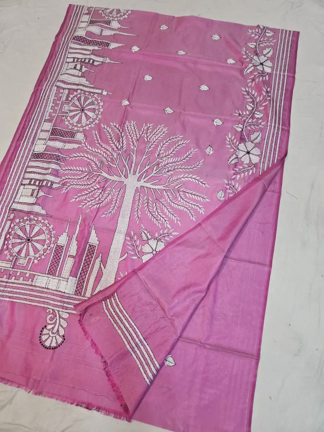 Rose Pink Blended Bangalore Silk Kantha Stitch Saree with Tree of Life & Chariot Temple Architecture Pallu