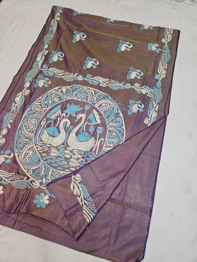 Dusty Mauve Plum Blended Bangalore Silk Kantha Stitch Saree with Swan Lotus Mandala & Kalka Pallu