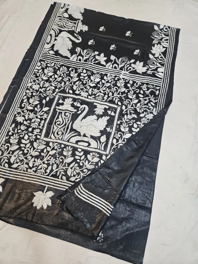 Jet Black Blended Bangalore Silk Kantha Stitch Saree with Swan, Architectural Pillar & Dense Floral Jaal Pallu