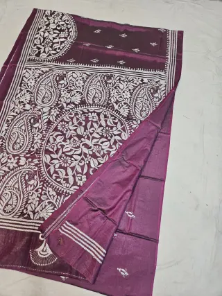 Deep Plum Wine Blended Bangalore Silk Kantha Stitch Saree with Floral Mandala & Paisley Kalka Pallu