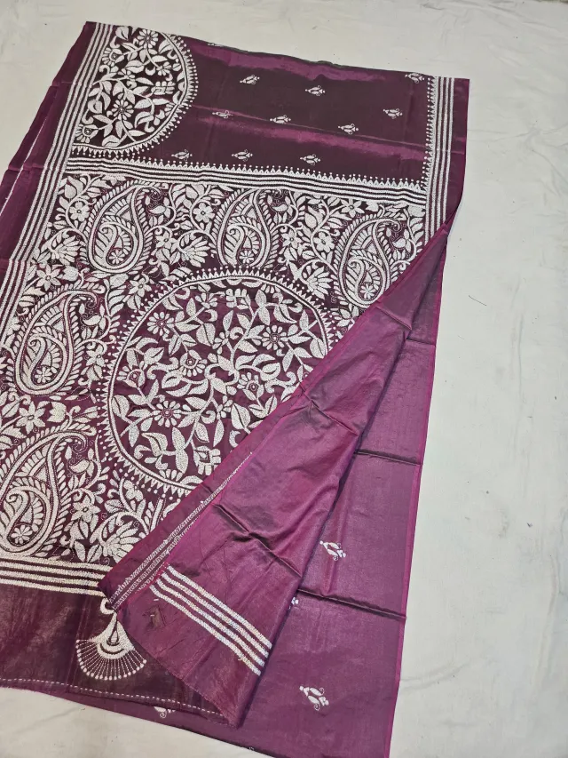 Deep Plum Wine Blended Bangalore Silk Kantha Stitch Saree with Floral Mandala & Paisley Kalka Pallu