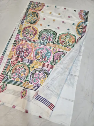 Off-White Blended Bangalore Silk Kantha Stitch Saree with Multicolored Paired Kalka Paisleys & Multi-Tiered Pallu