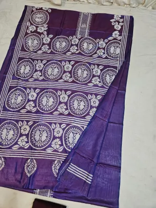 Royal Purple Blended Bangalore Silk Kantha Stitch Saree with Circular Mandala Medallions & Multi-Tiered Pallu