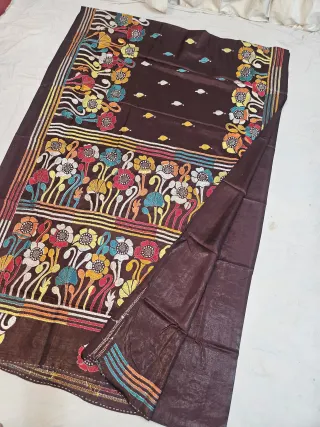Chocolate Brown Blended Bangalore Silk Kantha Stitch Saree with Multicolored Upright Tulip Registers & Multi-Tiered Pallu