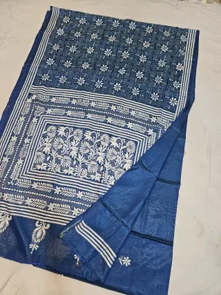 Indigo Royal Blue Blended Bangalore Silk Kantha Stitch Saree with Bird Floral Panel & Starburst Daisy Pallu