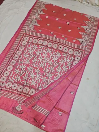 Rose Pink Blended Bangalore Silk Kantha Stitch Saree with Blooming Floral Jaal & Daisy Border Pallu